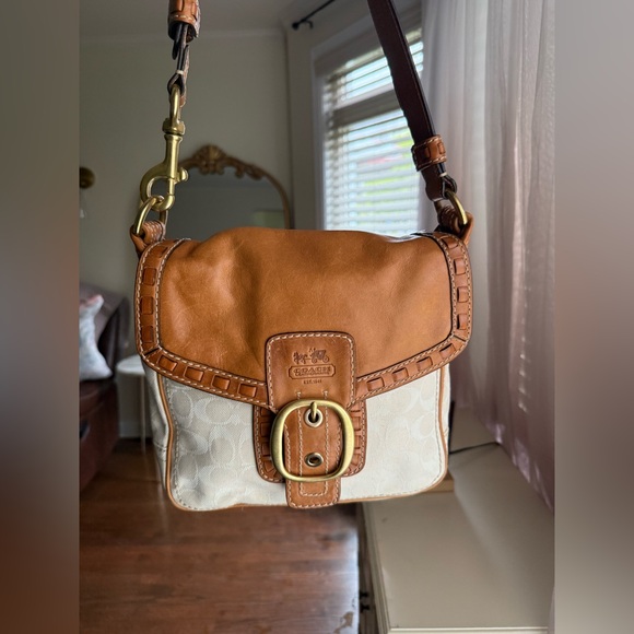 Coach Handbags - Coach Bleecker Tan and Cream Signature Canvas Shoulder Bag in Saddle/Chalk